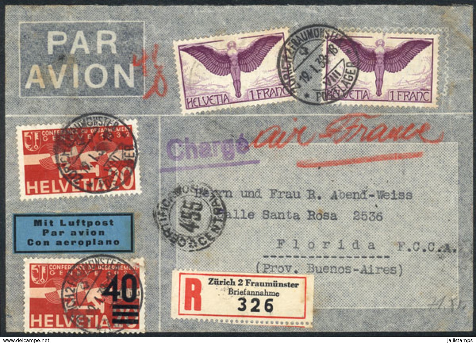 SWITZERLAND: Registered Airmail Cover With Nice Postage Of 2.60Fr., Sent From Zürich To Argentina On 19/JA/1938 Via Air  - Covers & Documents
