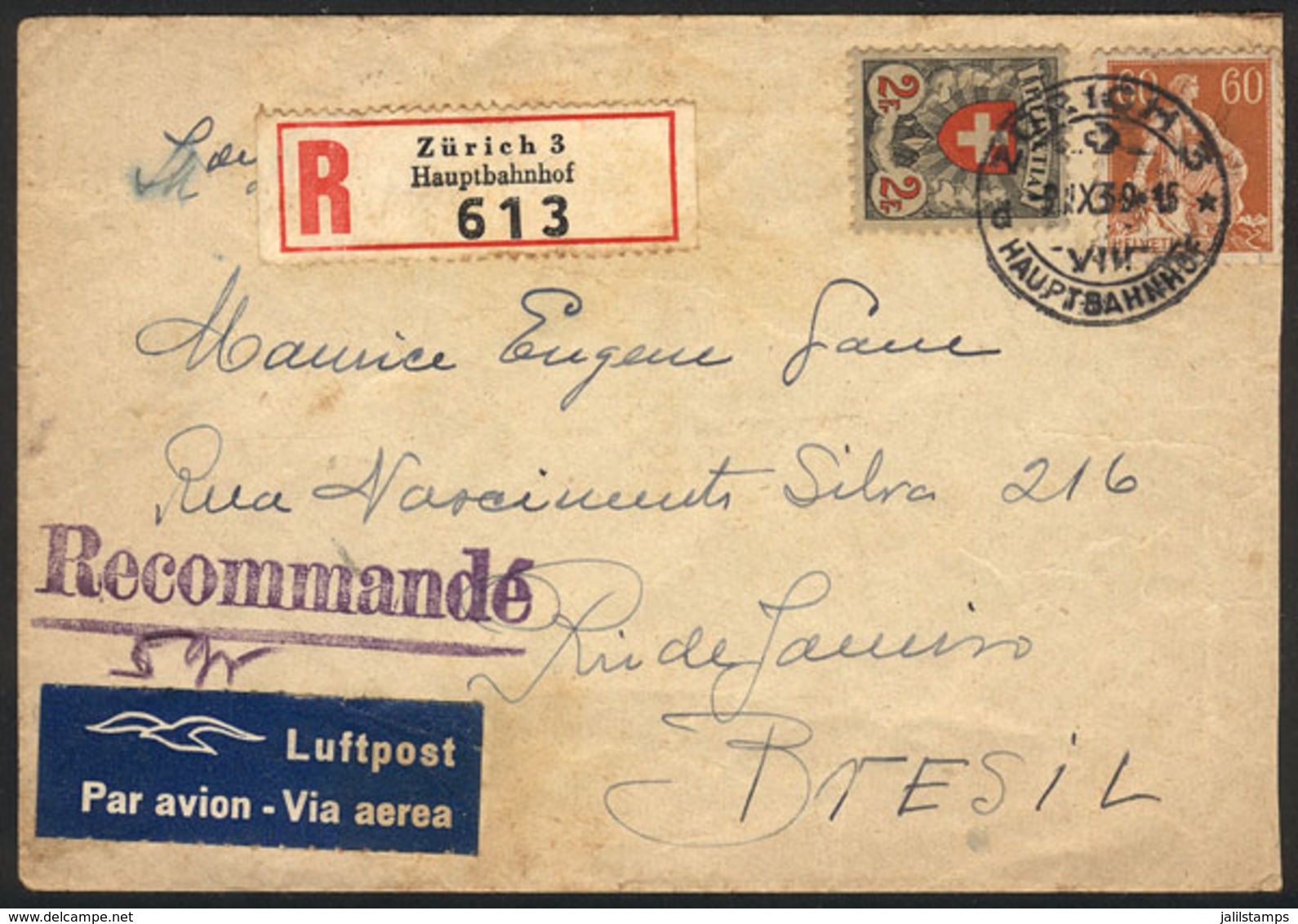 SWITZERLAND: Registered Airmail Cover Sent From Zürich To Rio De Janeiro On 9/SE/1939 Franked With 2.60Fr., Interesting! - Lettres & Documents