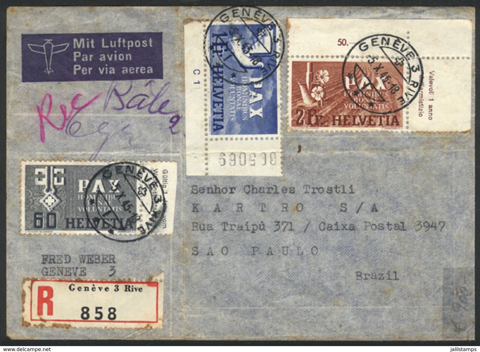 SWITZERLAND: Registered Airmail Cover Franked With Stamps Of The Pax Issue Of 60c., 1Fr. And 2Fr., Posted From Geneve To - Lettres & Documents