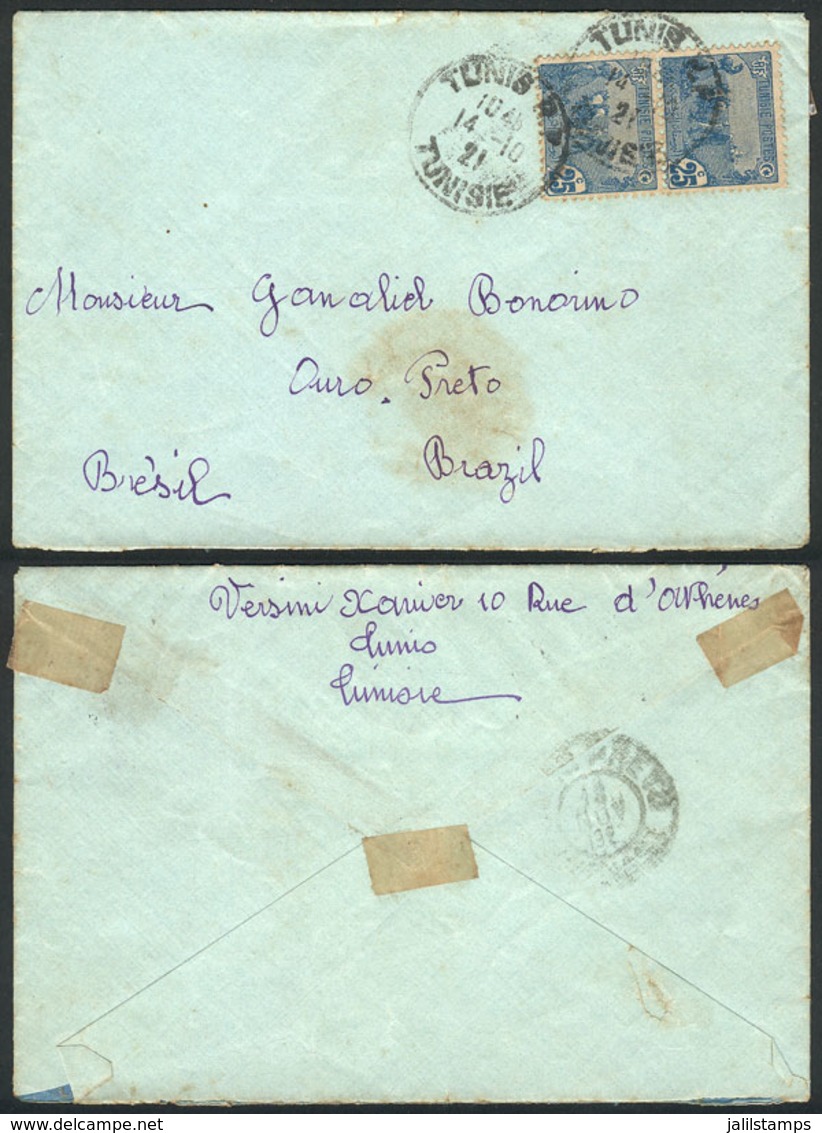 TUNISIA: Cover Sent From Tunis To Brazil On 14/OC/1921 Franked With 50c., Very Rare Destination! - Lettres & Documents