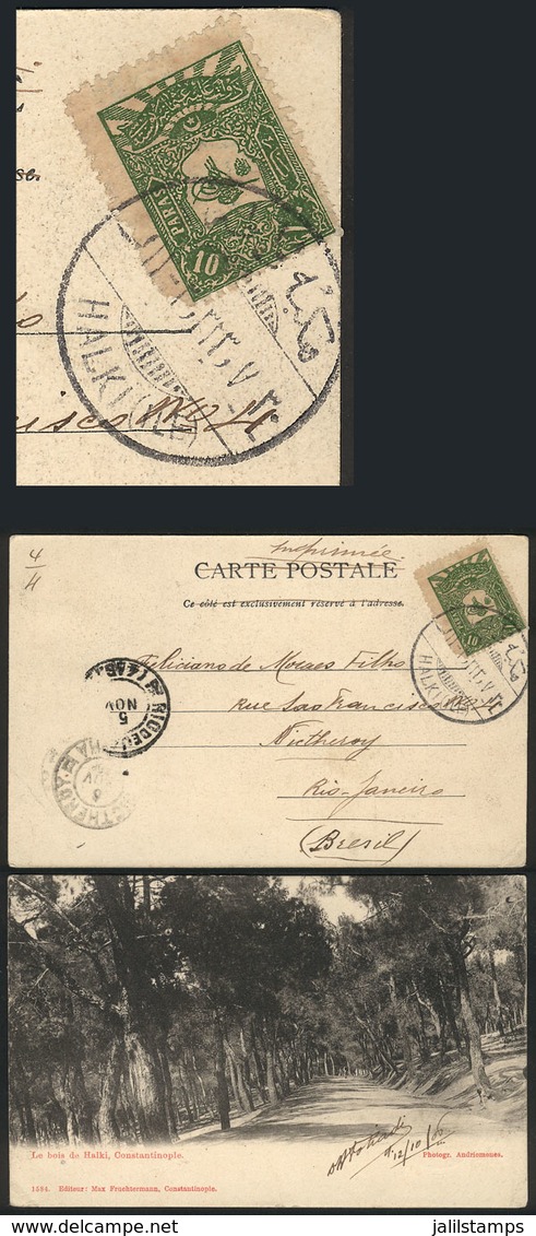 TURKEY: Postcard Franked With 10pa. And Sent From Constantinople To Brazil On 12/OC/1906, Fine Quality (with Some Minor  - Briefe U. Dokumente