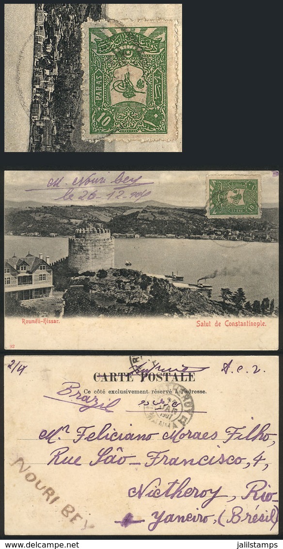 TURKEY: Postcard Franked With 10pa. And Sent From Constantinople To Brazil On 26/DE/1906, Fine Quality (with Some Minor  - Covers & Documents