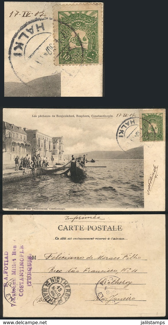 TURKEY: Postcard Franked With 10pa. And Sent From Halki To Brazil On 7/AP/1907, Fine Quality (with Some Minor Defects),  - Storia Postale