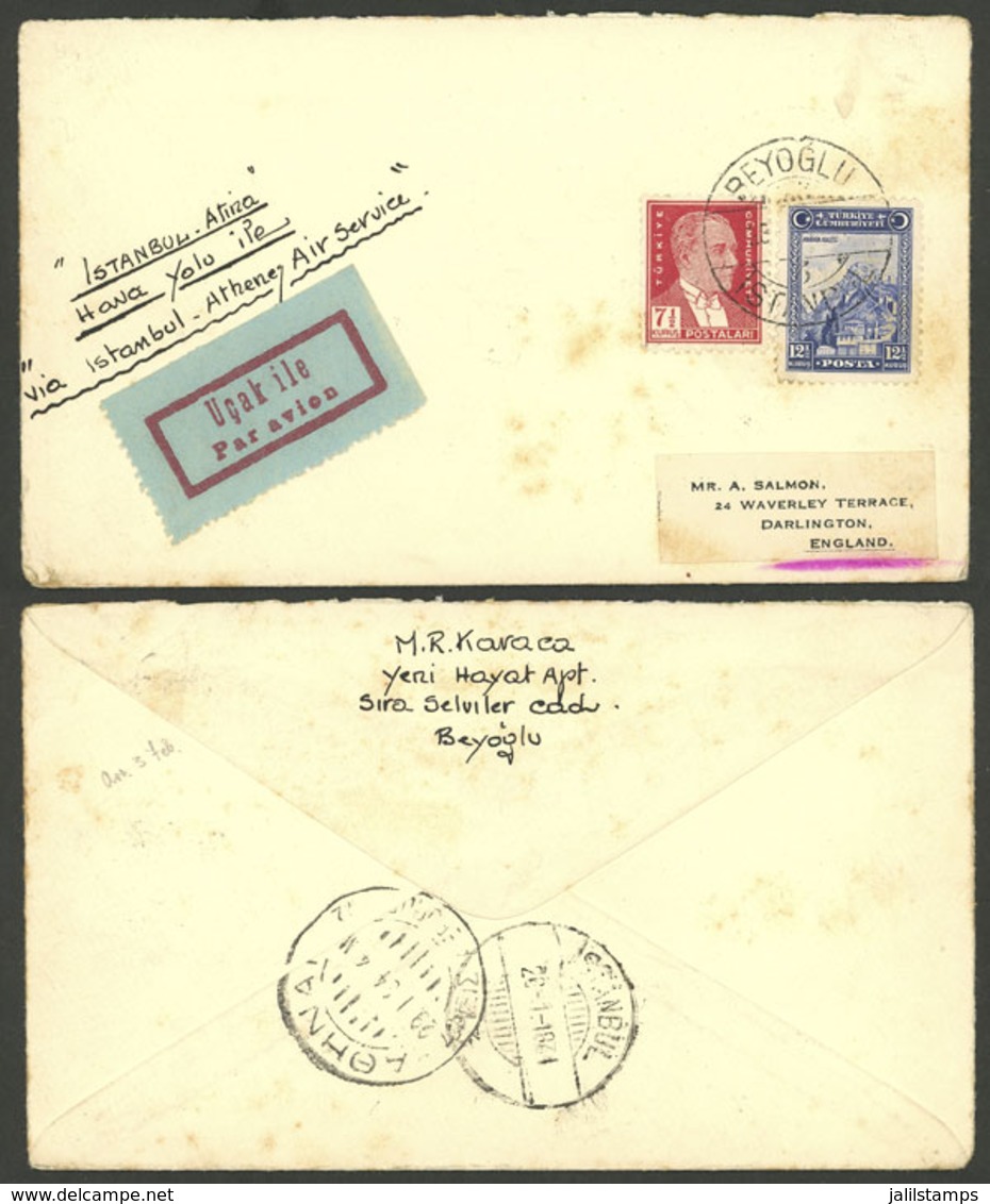 TURKEY: 18/JA/1934 Istanbul - Athens (Greece), First Flight, Cover With Destination England, On Back Marks Of Istambul ( - Briefe U. Dokumente