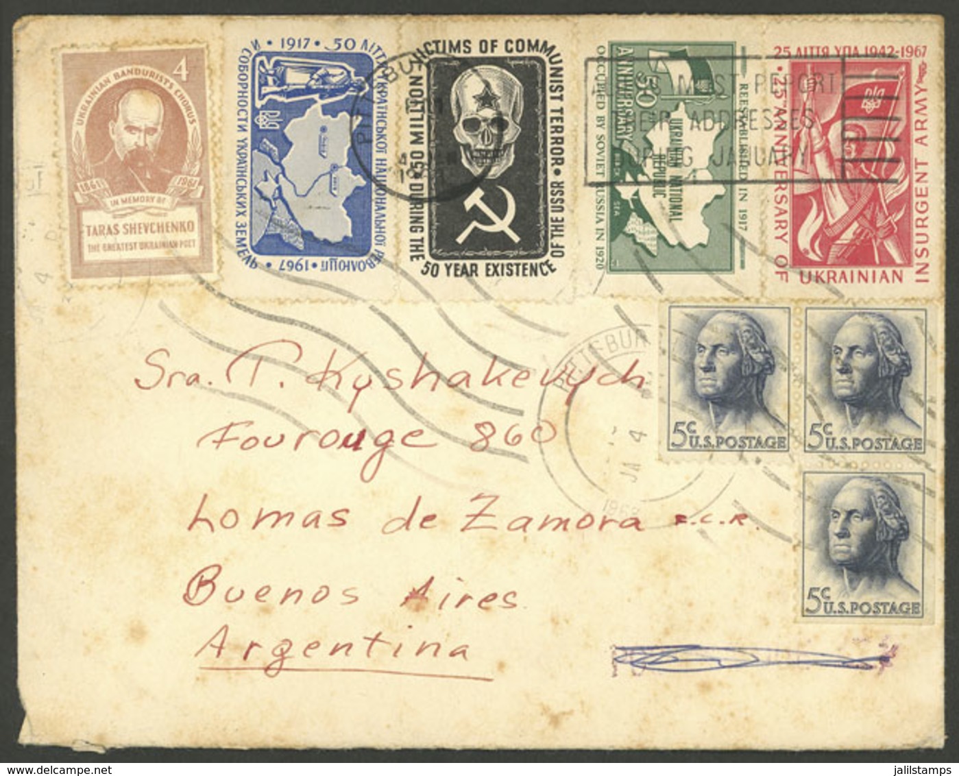 UKRAINE: Cover Sent From USA To Argentina On 4/JA/1968 With 5 Interesting Cinderellas Against The Soviet Occupation, Ver - Ucrania