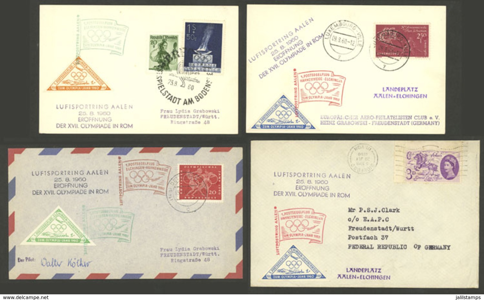 WORLDWIDE: ROMA OLYMPIC GAMES: 4 Cover Carried On Special Olympic Flight, With Cinderellas And Special Handstamps, VF! - Otros & Sin Clasificación