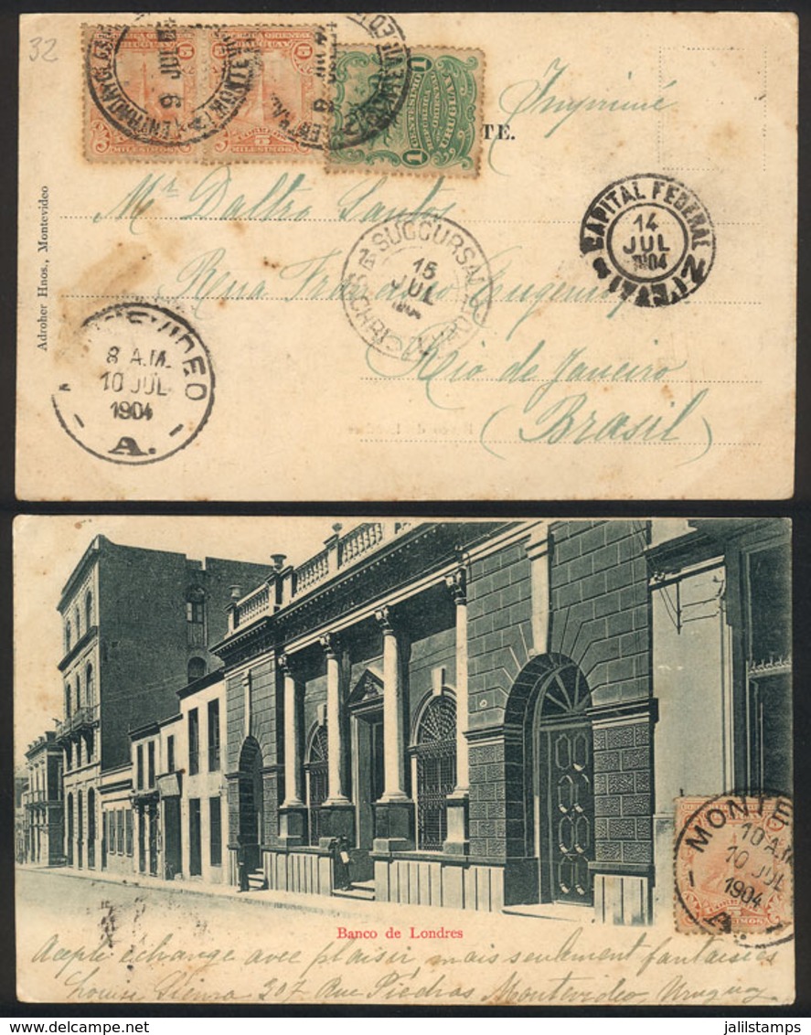 URUGUAY: Postcard With View Of The Bank Of London (Montevideo), Sent To Brazil On 9/JUL/1904, With Some Staining Else VF - Uruguay