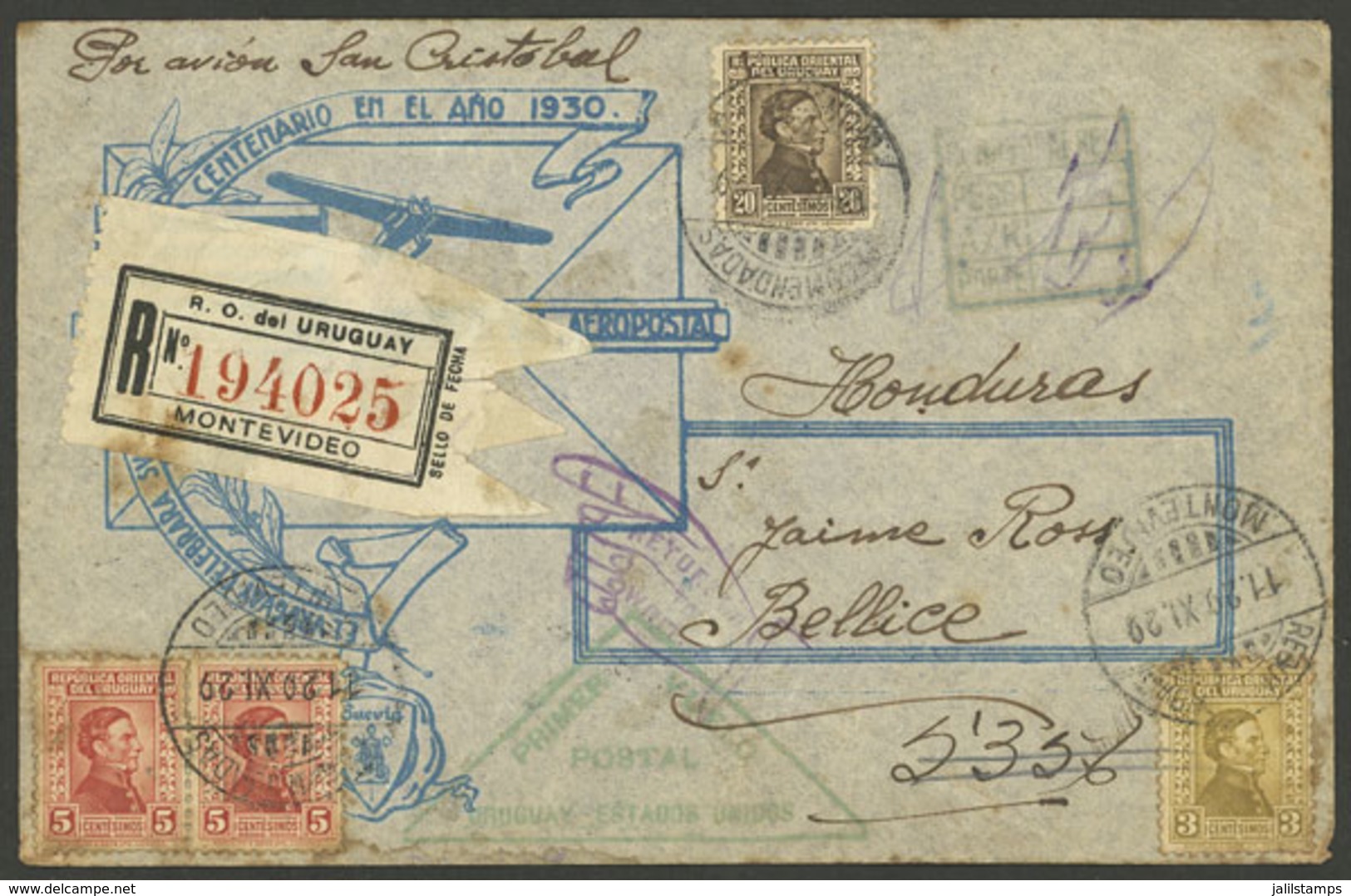 URUGUAY: 29/NO/1929 Montevideo - BELICE (British Honduras), Registered Cover Carried On NYRBA First Flight To Miami, Wit - Uruguay