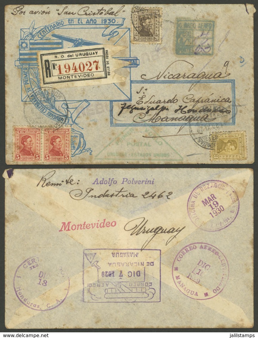 URUGUAY: 30/NO/1929 Montevideo - NICARAGUA, NYRBA First Flight, Registered Cover, With Arrival Backstamp Of Managua 7/DE - Uruguay