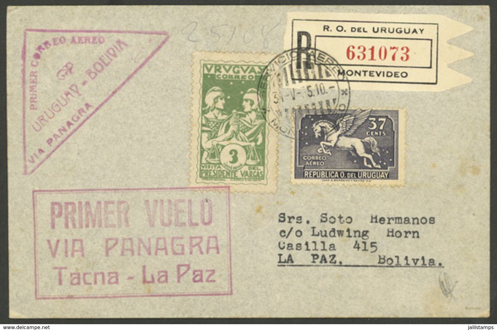 URUGUAY: 31/MAY/1935 PANAGRA First Flight Between Montevideo And La Paz (Bolivia), Cover Of VF Quality, With Bolivia Mil - Uruguay