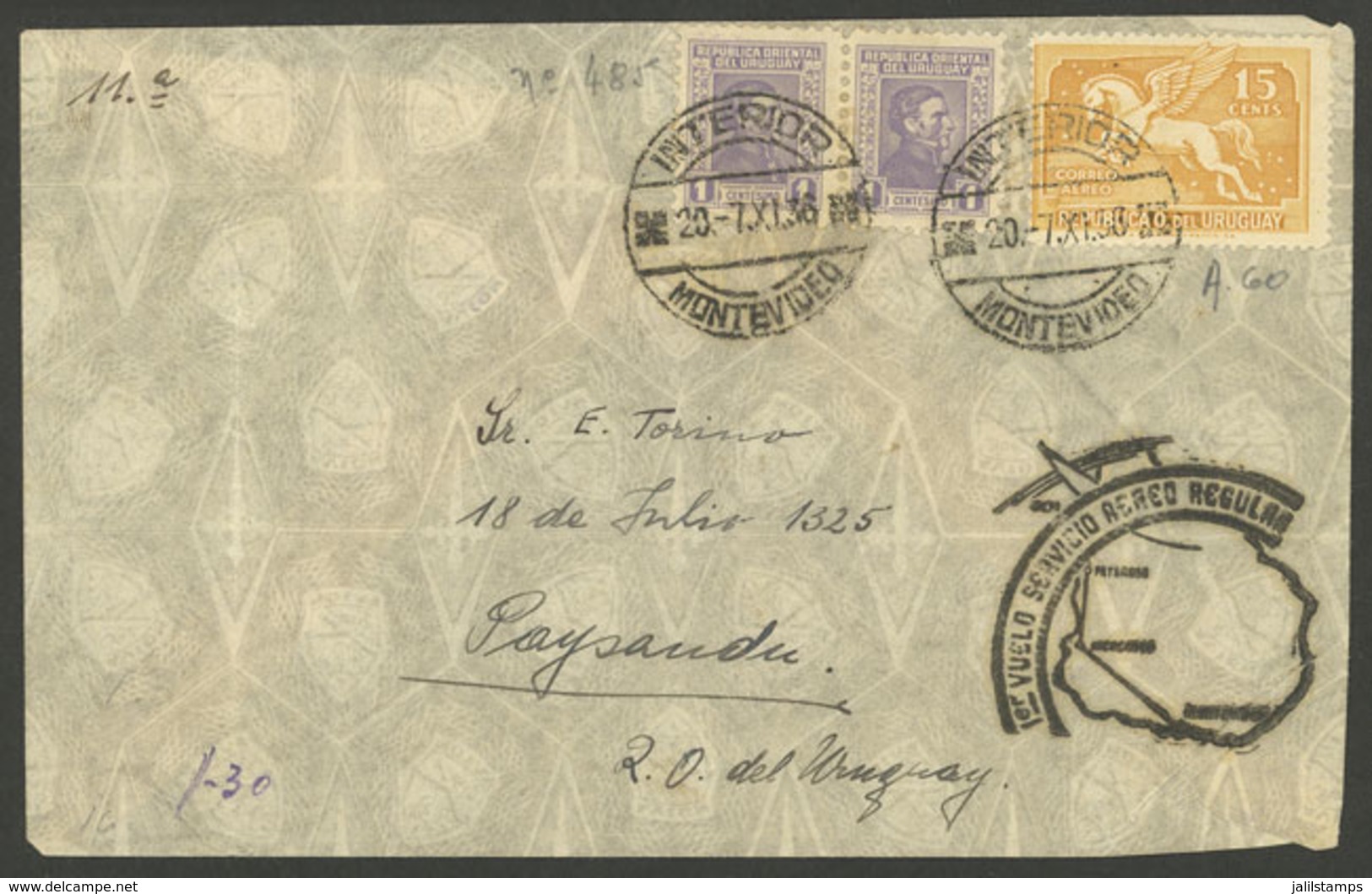 URUGUAY: 7/NO/1936 Montevideo - Paysandú, First Flight Of The Regular Airmail Service, With Special Cachet And Arrival M - Uruguay