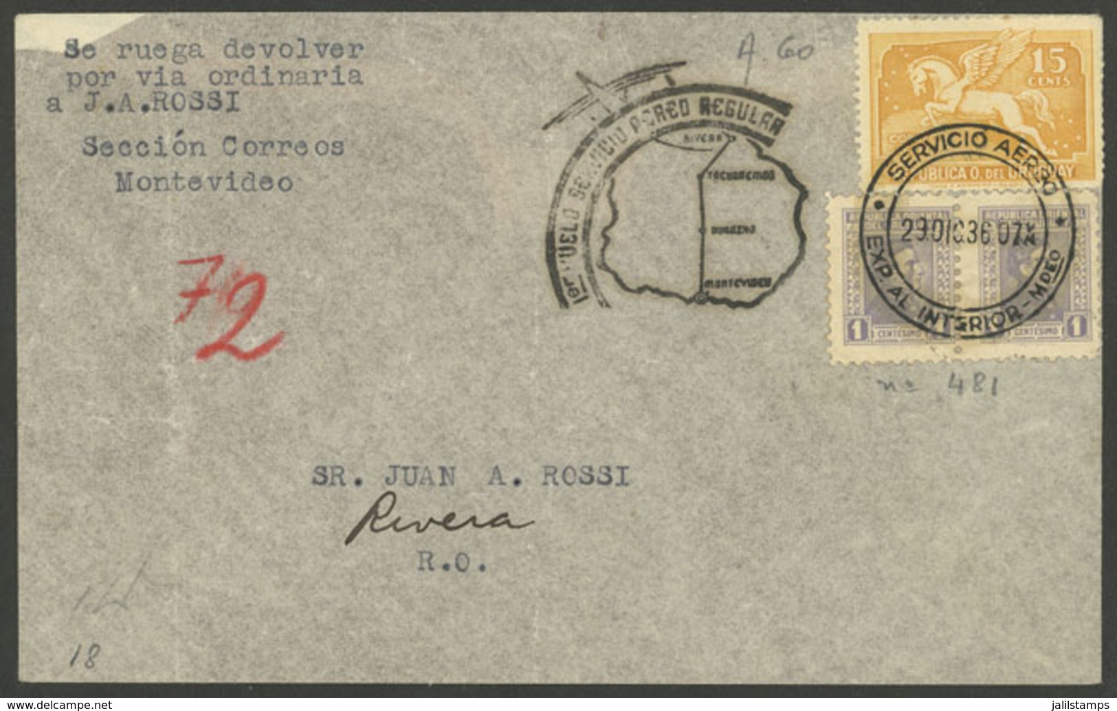 URUGUAY: 29/DE/1936 Montevideo - Rivera, First Flight Of The Regular Airmail Service, With Special Cachet And Arrival Ba - Uruguay