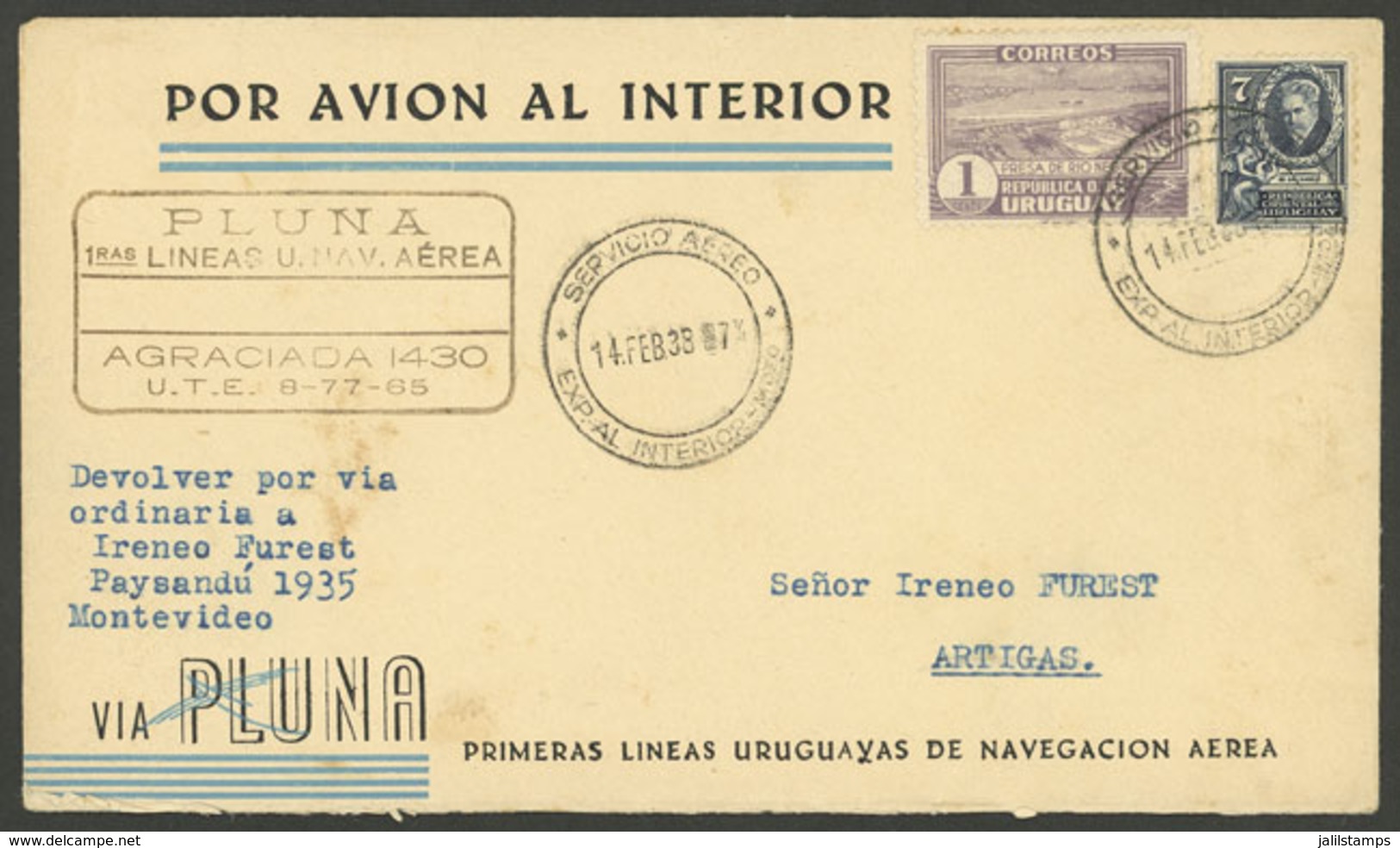 URUGUAY: 14/FE/1938 Montevideo - Artigas, PLUNA Special Flight, Cover Of VF Quality With Arrival Backstamp! - Uruguay