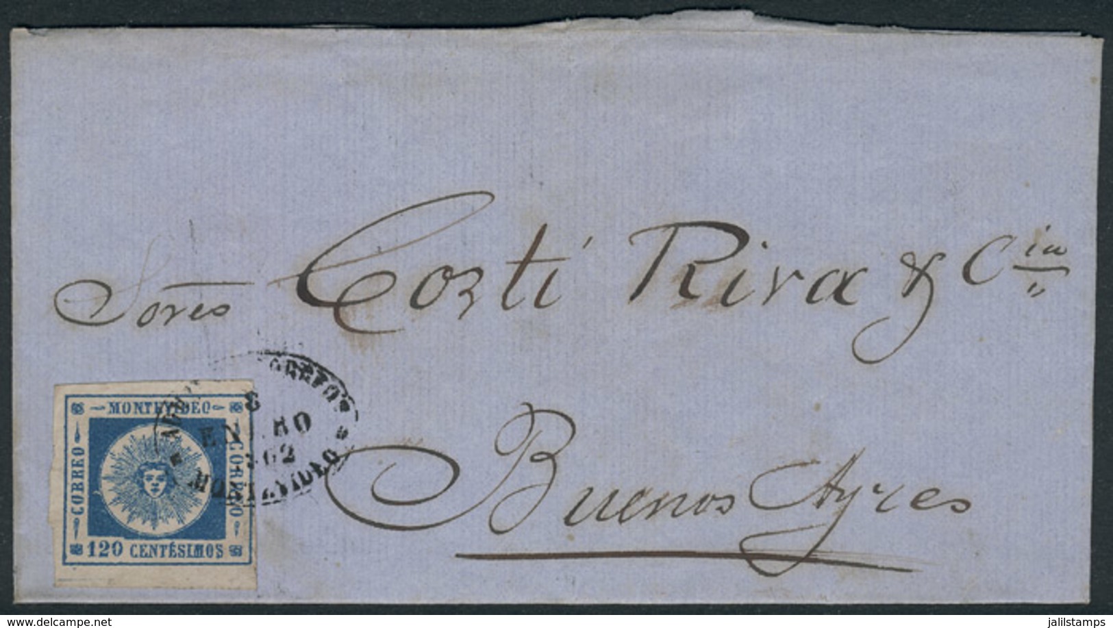 URUGUAY: 8/JAN/1862 MONTEVIDEO - Buenos Aires: Folded Cover Franked By Sc.16 (120c. Blue Thich Numerals) With Oval Cance - Uruguay