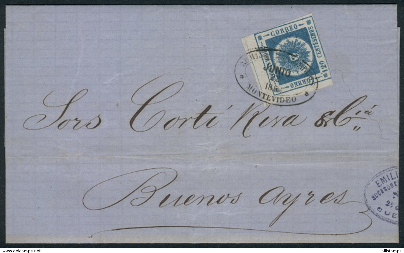 URUGUAY: 29/JUN/1863 MONTEVIDEO - Buenos Aires: Folded Cover Franked By Sc.16 (120c. Blue Thick Numerals) With Double Ov - Uruguay