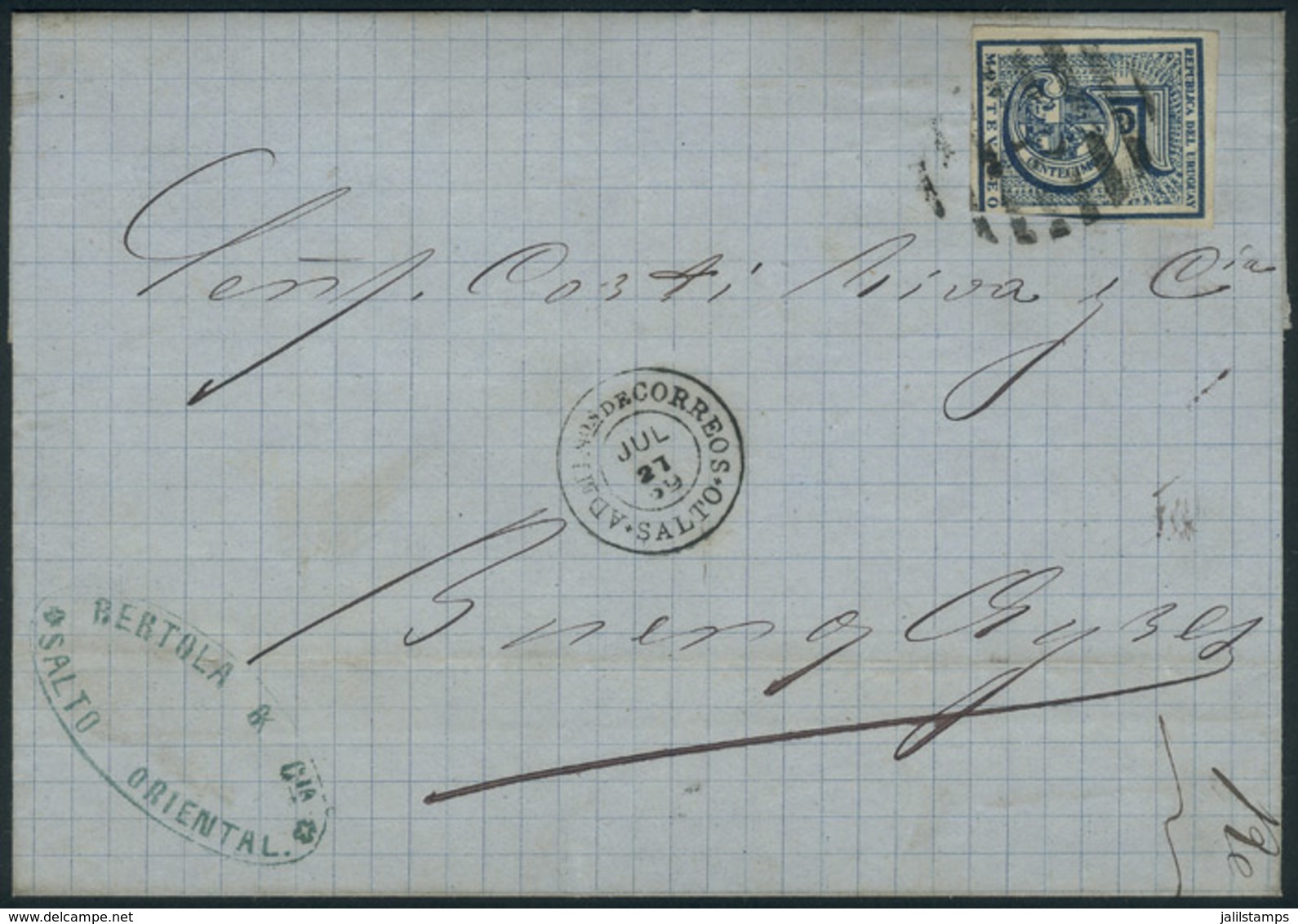 URUGUAY: 27/JUL/1869 SALTO - Buenos Aires: Folded Cover Franked By Sc.30, With Semi-mute "B" Barred Oval Cancel And Date - Uruguay