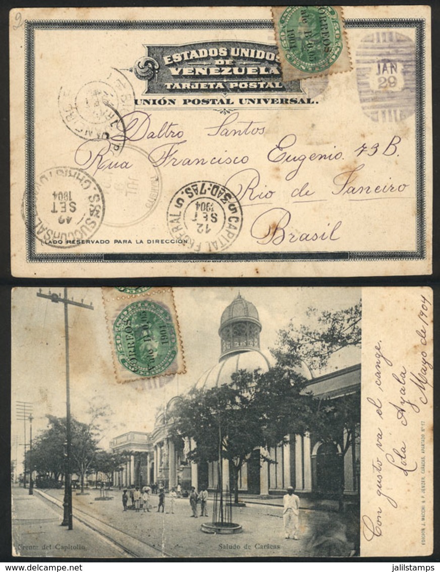 VENEZUELA: Postcard With View Of Caracas Sent To Brazil On 29/JA/1904 Franked With 10c. (pair Sc.230), Minor Defects, In - Venezuela