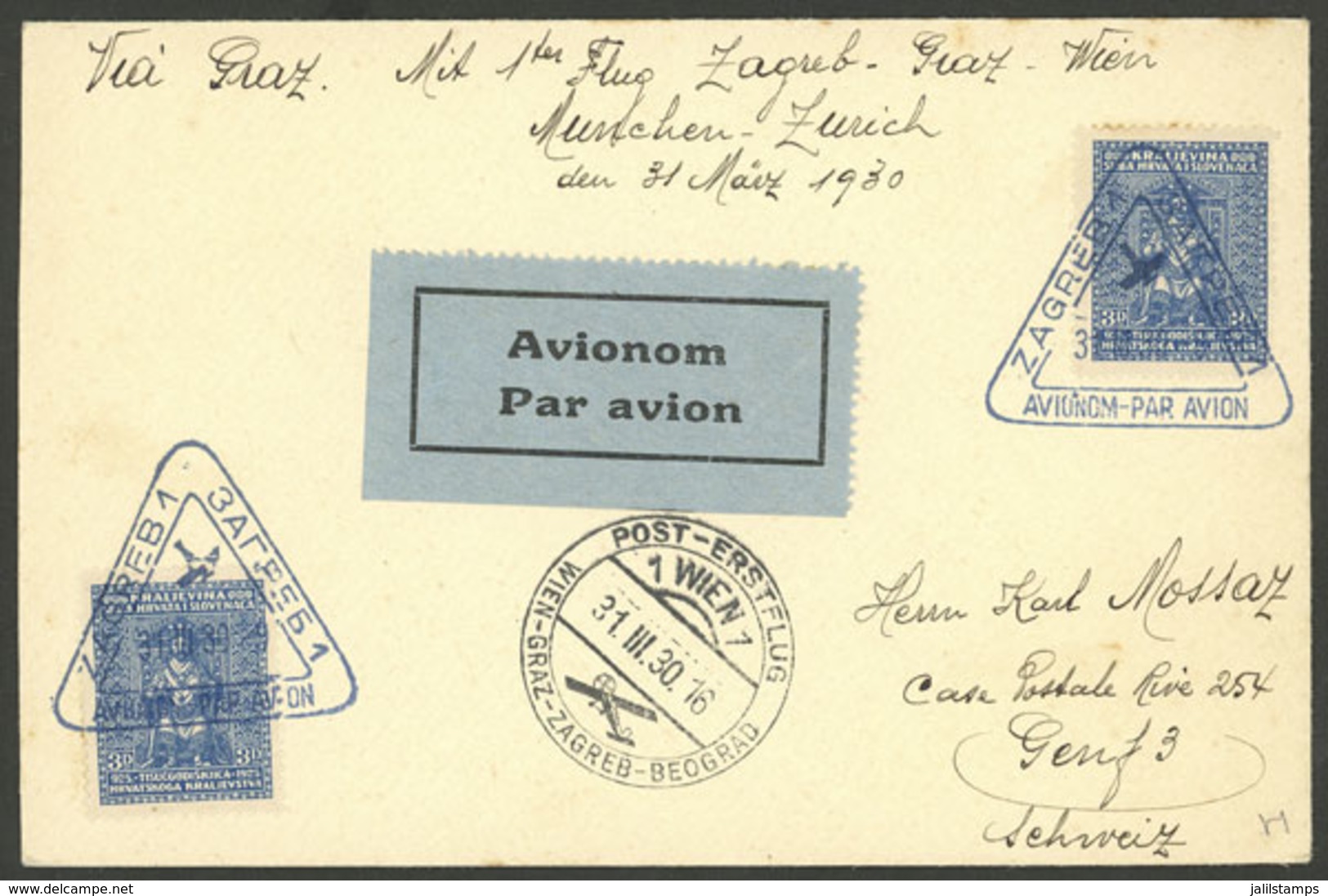 YUGOSLAVIA: 31/MAR/1930 Zagreb - Graz, First Flight, Cover Of VF Quality! - Storia Postale