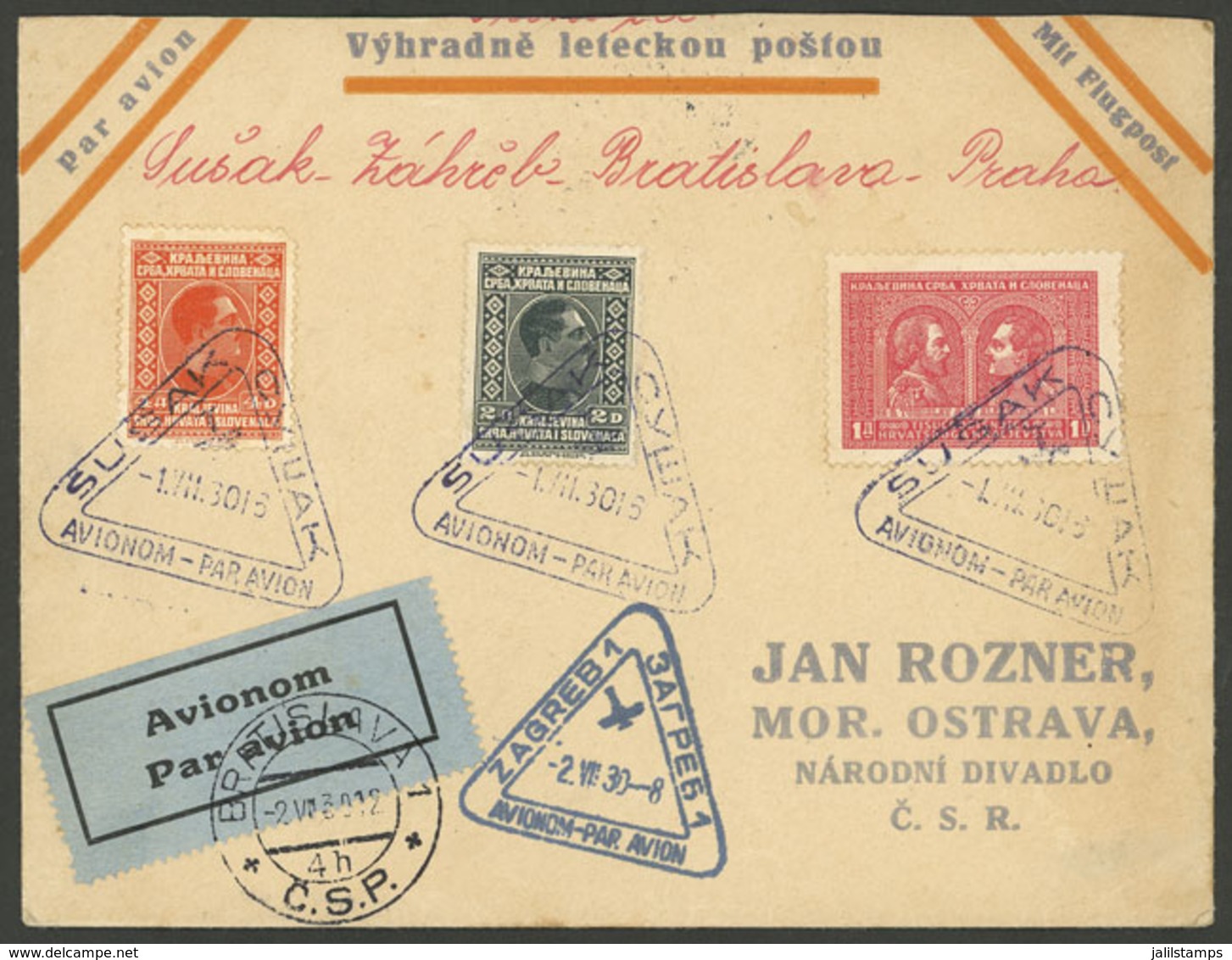 YUGOSLAVIA: 1/JUL/1930 Susak - Zagreb, First Flight, Cover Of Very Fine Quality! - Lettres & Documents