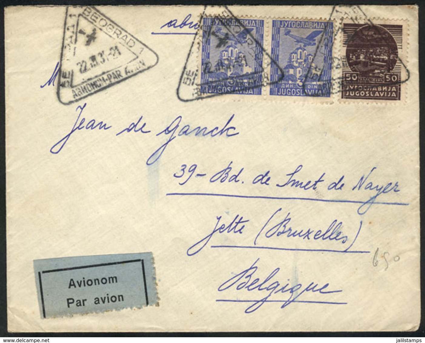 YUGOSLAVIA: 22/AU/1934 BEOGRAD - ZEMUN: Airmail Cover To Belgium, Very Fine Quality! - Briefe U. Dokumente