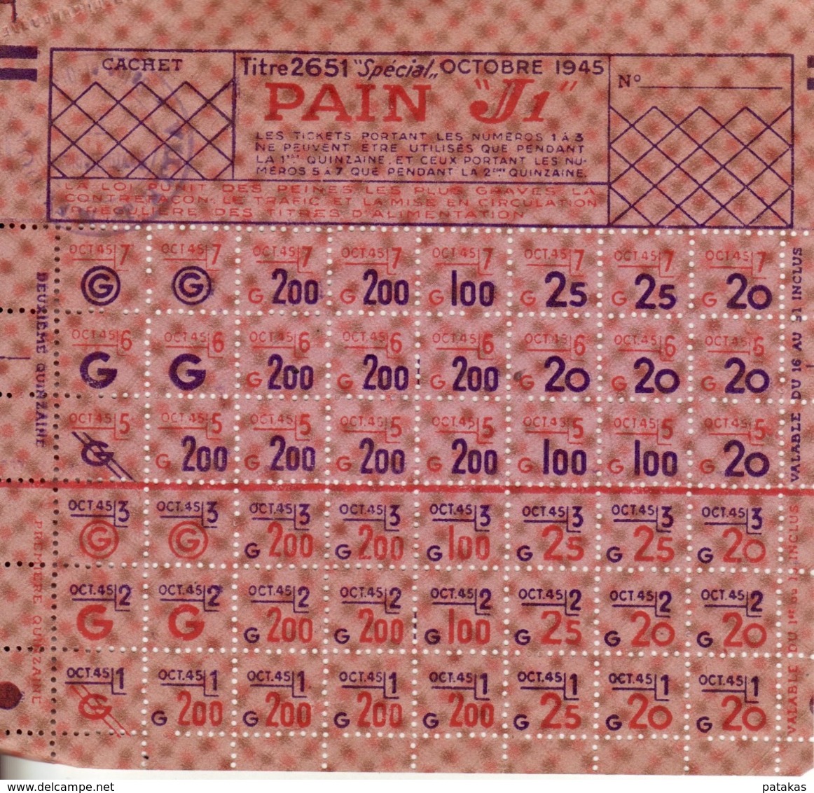 Planche De Tickets De Ravitaillement - Pain "J1" Octobre 1945 - Ohne Zuordnung