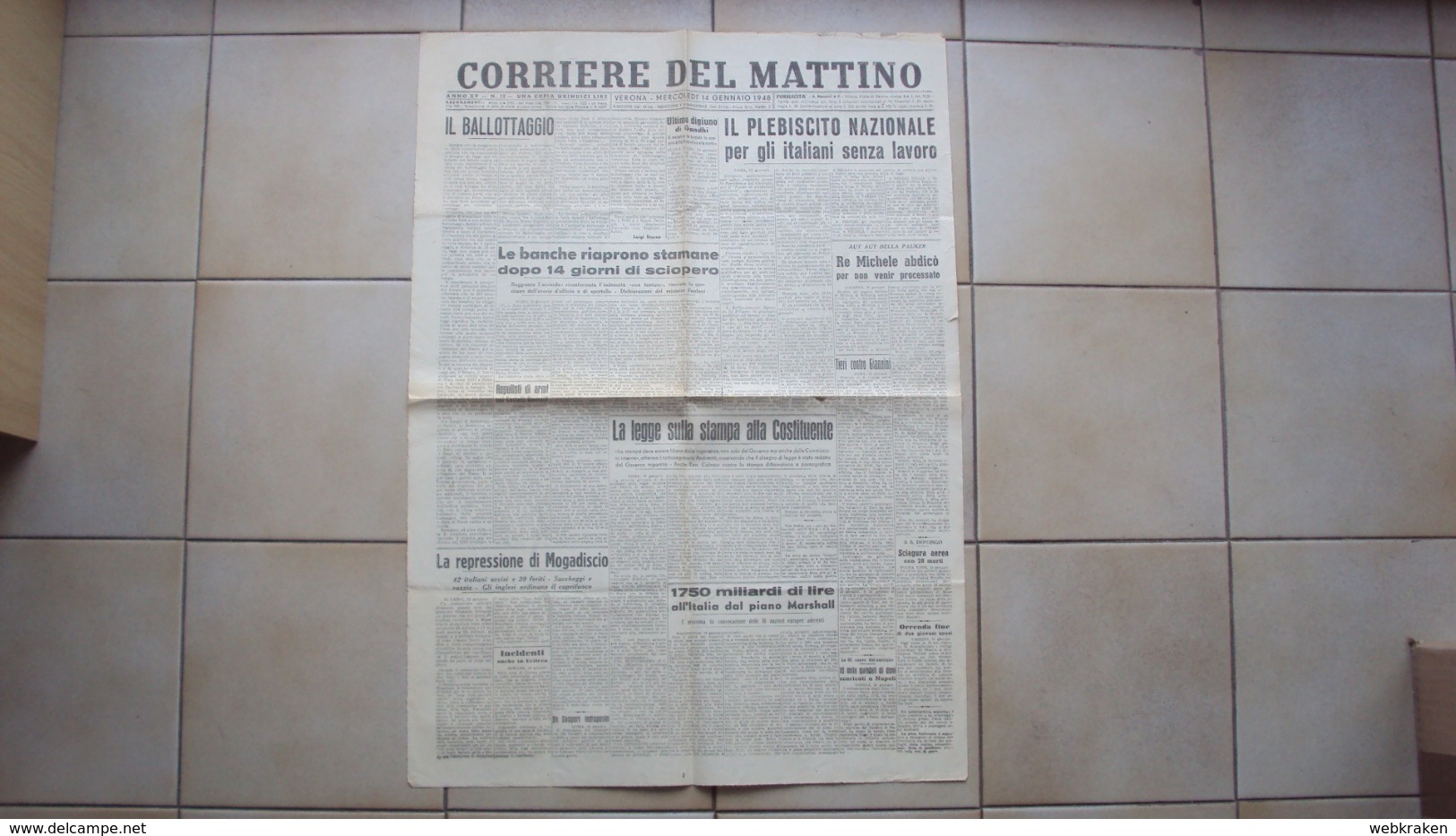VENETO VERONA GIORNALE QUOTIDIANO IL CORRIERE DEL MATTINO EDIZIONE DEL GENNAIO 1948 - Other & Unclassified