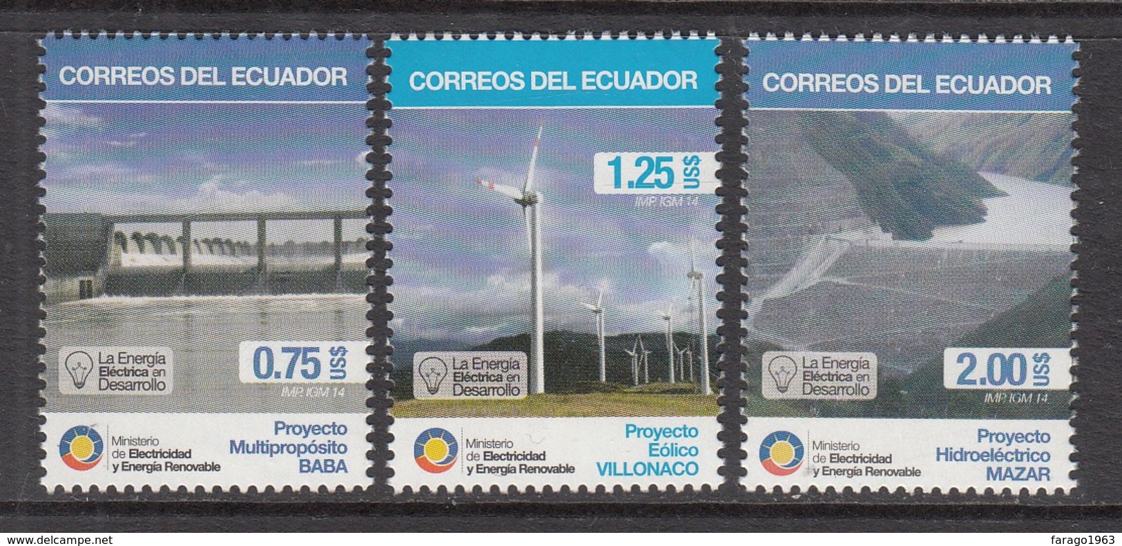 2014 Ecuador Electricity Green Energy Wind Solar Hydro   Complete Set Of 3 MNH - Ecuador