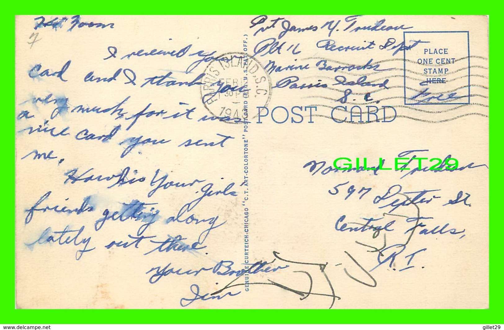 PARRIS ISLANDS, SC - MAIN DOCK, MARINE BARRACKS - TRAVEL IN 1943 - CURTEICH-CHICAGO - - Parris Island