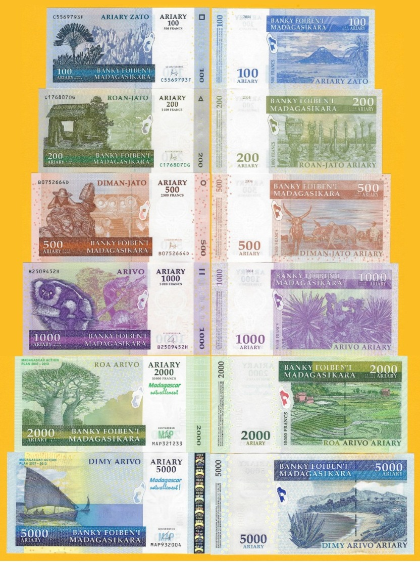 Madagascar Set 100, 200, 500, 1000, 2000, 5000 Ariary 2004-2008 UNC Banknotes - Madagascar