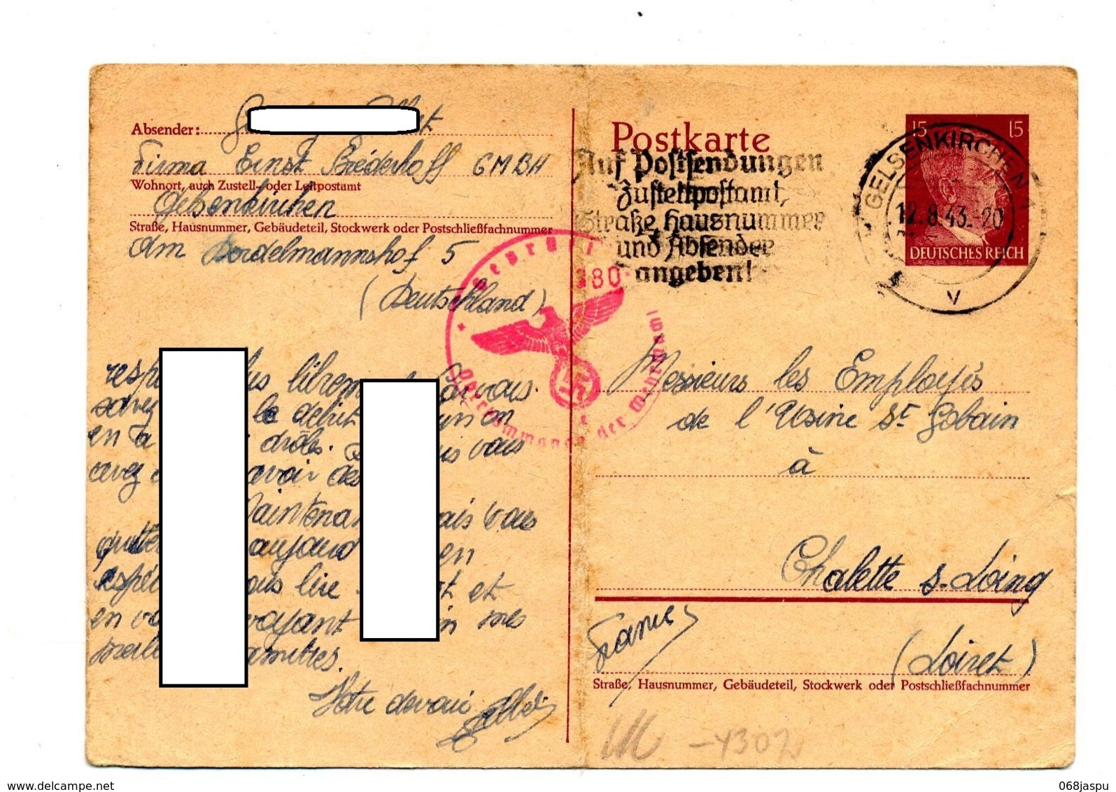 Carte Postale 15hitler Flamme Gelsenkirchen  Adresse Censure Controlé - Altri & Non Classificati