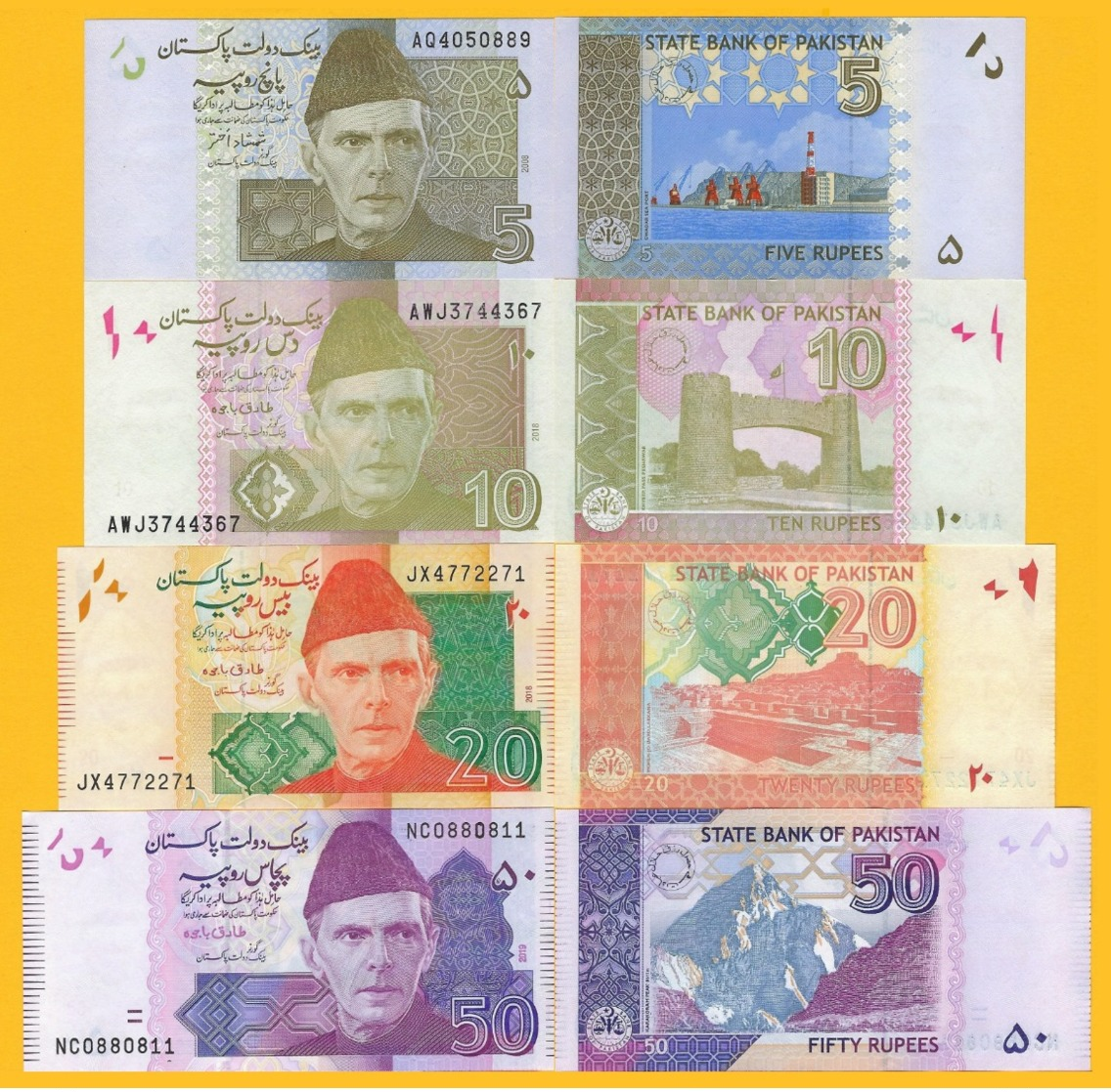 Pakistan Set 5, 10, 20, 50 Rupees 2008-2019 UNC Banknotes - Pakistan