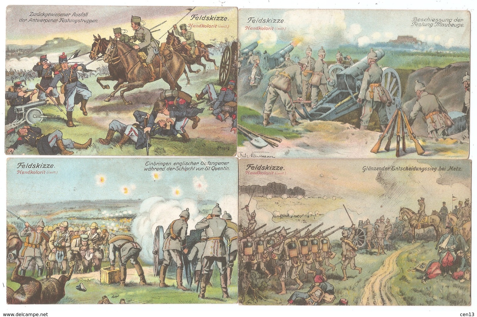 4 Cartes De Croquis De Terrain (feldskizze Handkolorit) De Combats Allemands 14-18- Metz - Maubeuge - Anvers -St-Quentin - War 1914-18