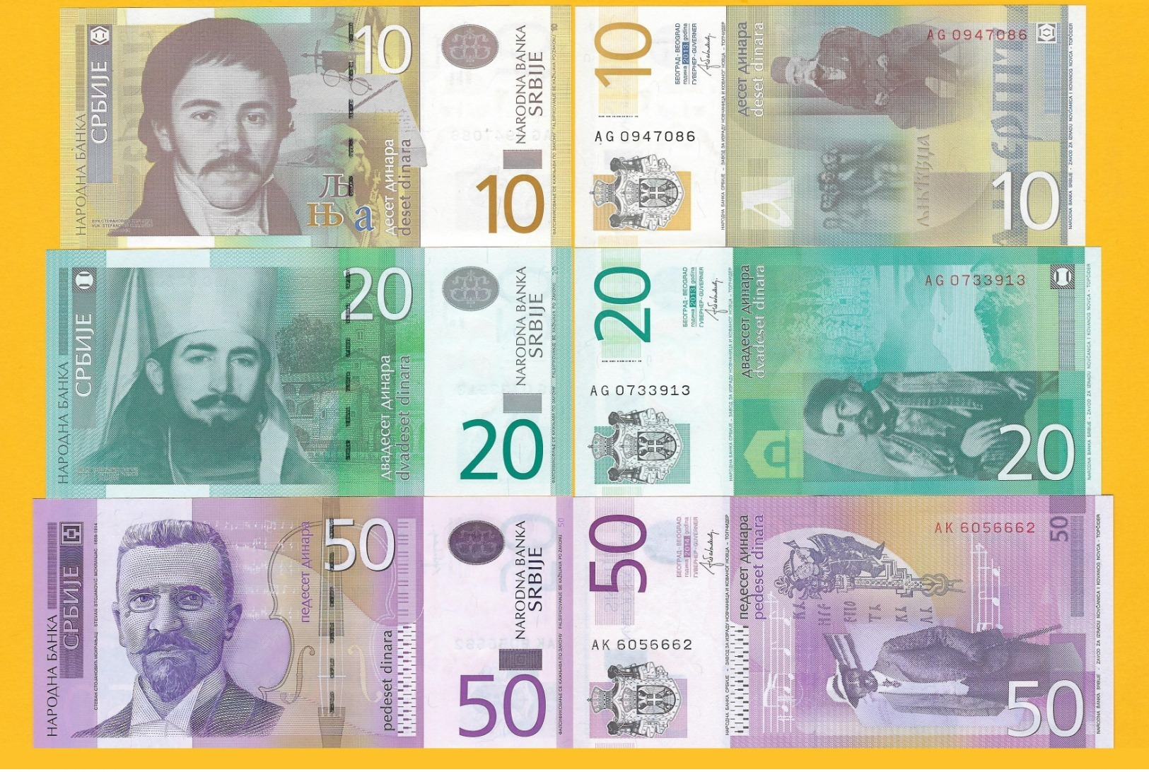 Serbia Set 10, 20, 50 Dinara 2013-2014 UNC Banknotes - Serbia