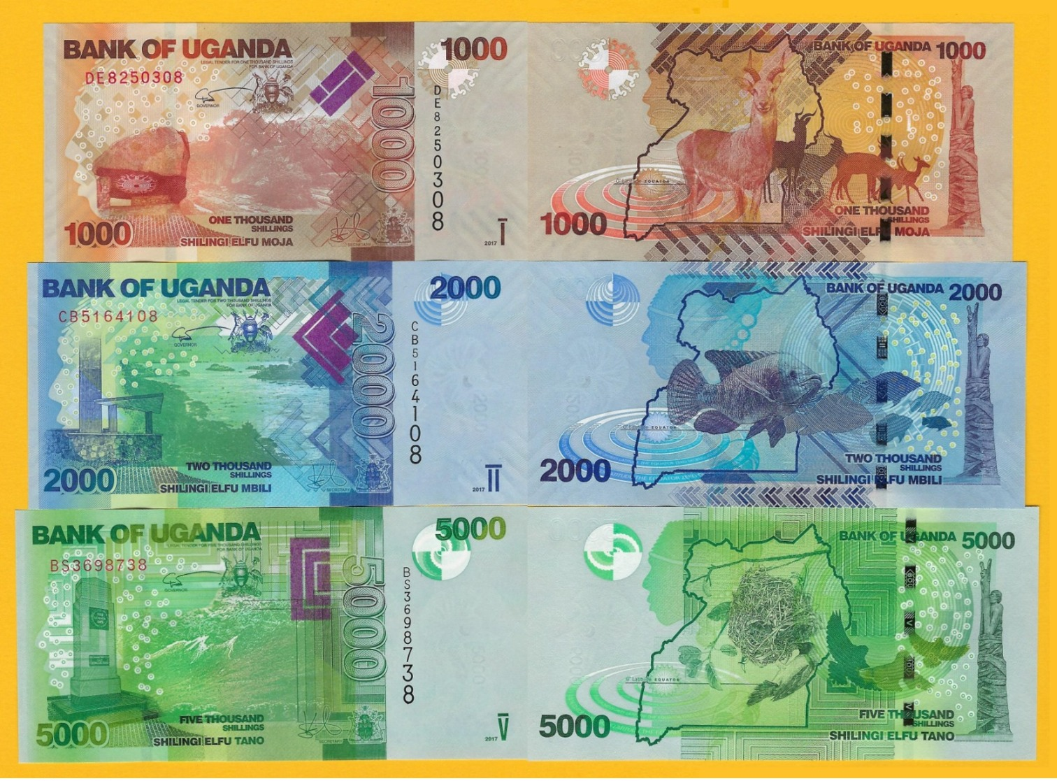 Uganda Set 1000, 2000, 5000 Shillings 2017 UNC Banknotes - Uganda