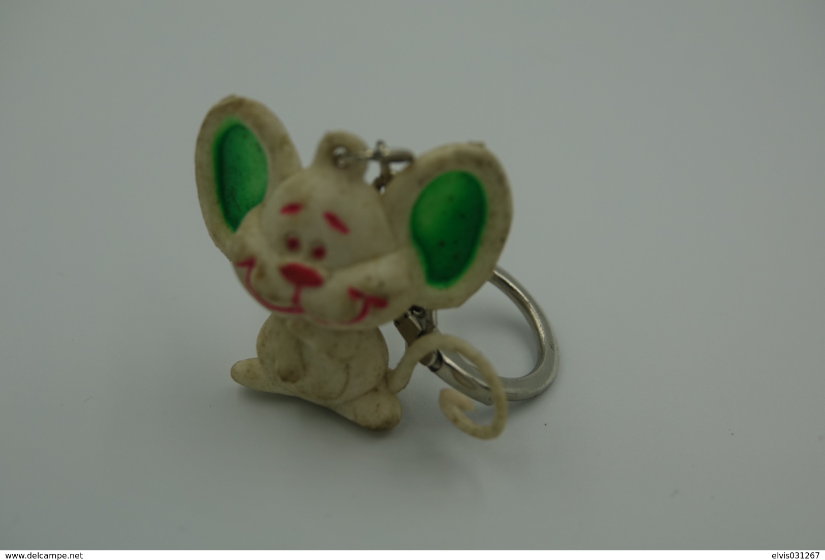 Vintage KEYCHAIN : MOUSE RUBBER WHITE PINK GREEN   - Germany -  RaRe - 19**'s - Porte-cles - Porte-clefs