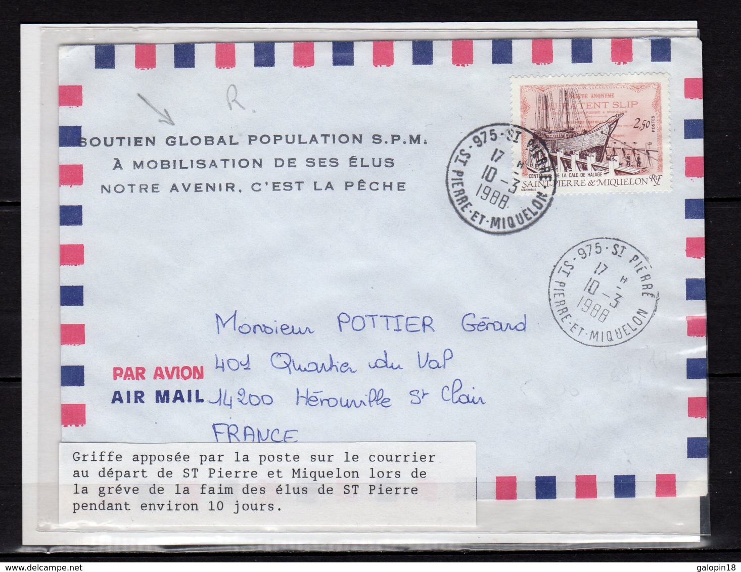 Saint-Pierre Et Miquelon Lettre Avec Griffe Spéciale Apposée Par La Poste Lors De La Gréve De La Faim Lot 24-123 - Storia Postale