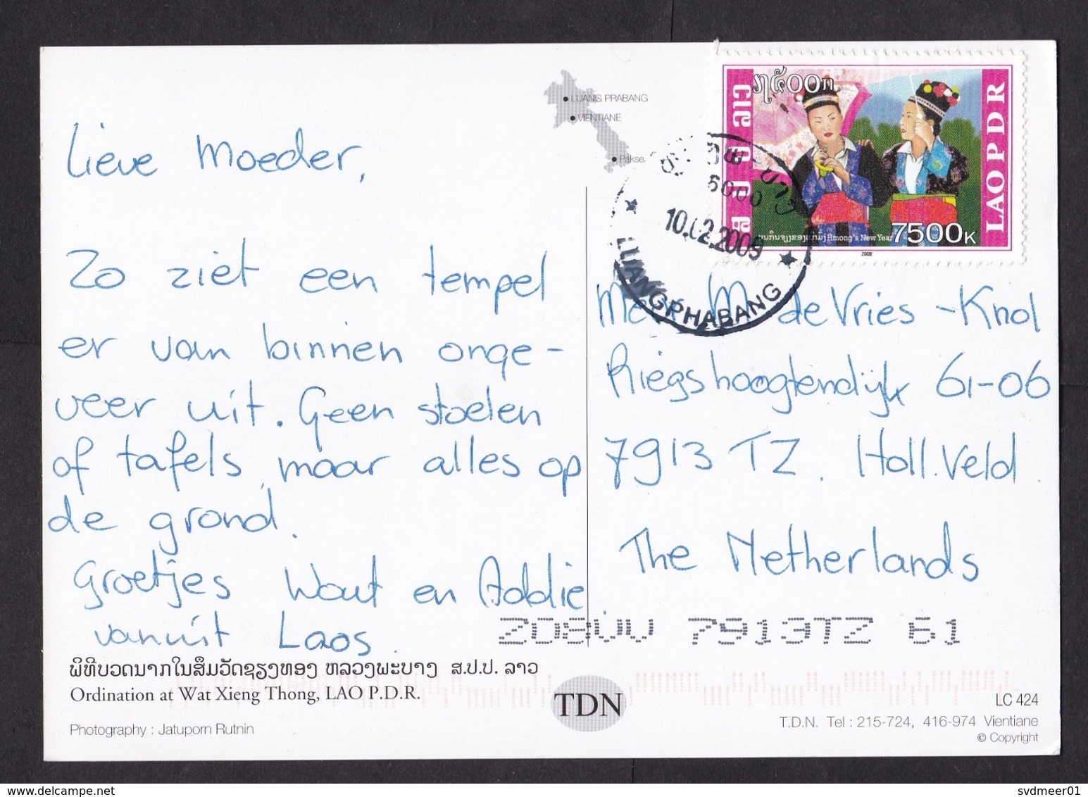 Laos: PPC Picture Postcard To Netherlands 2009, 1 Stamp, Traditional Costumes, Heritage (traces Of Use) - Laos