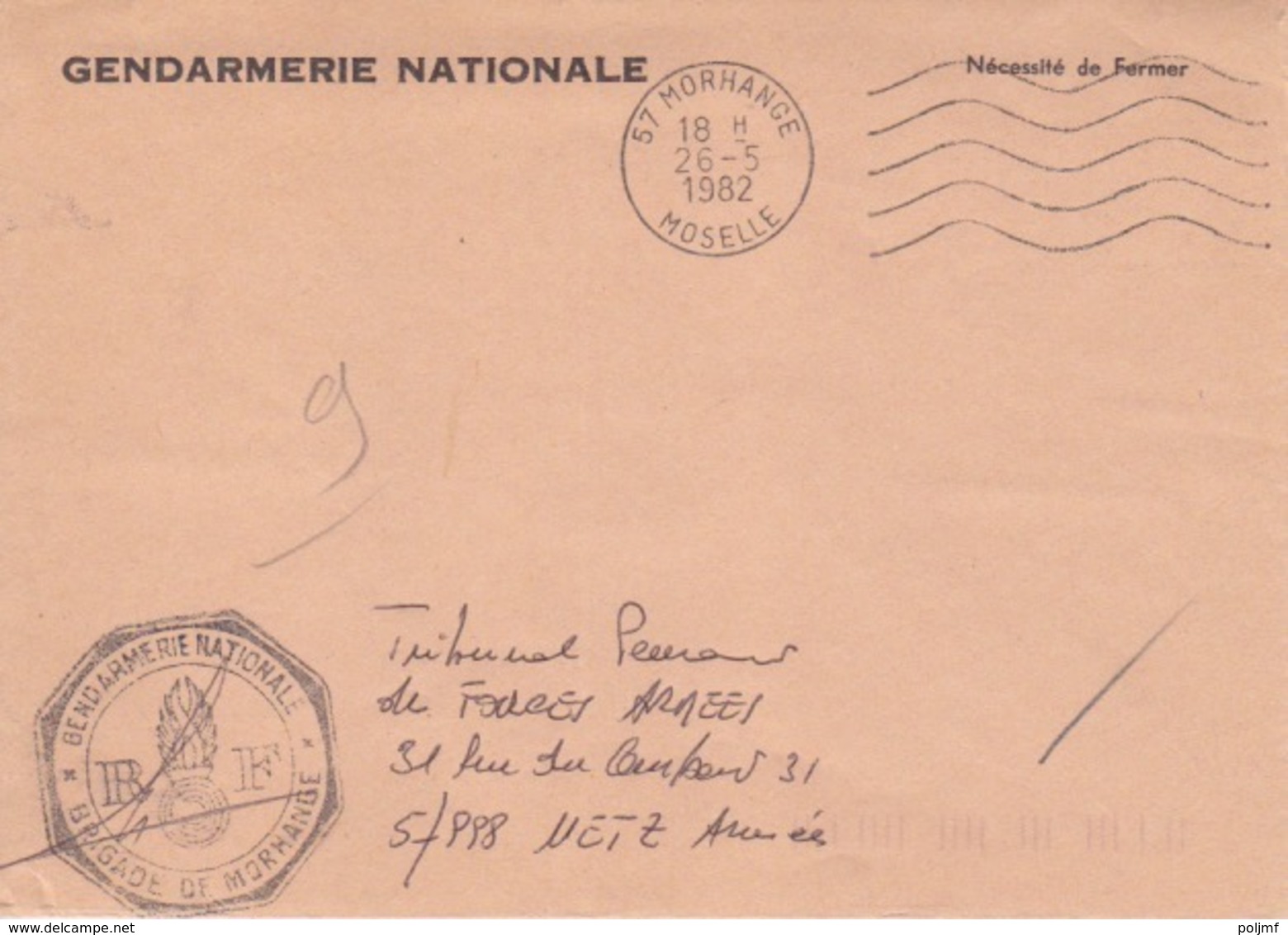 Lettre à Entête En Franchise De La Brigade De Gendarmerie De Morhange, Obl. Flamme Morhange Le 26/5/82 - 1961-....