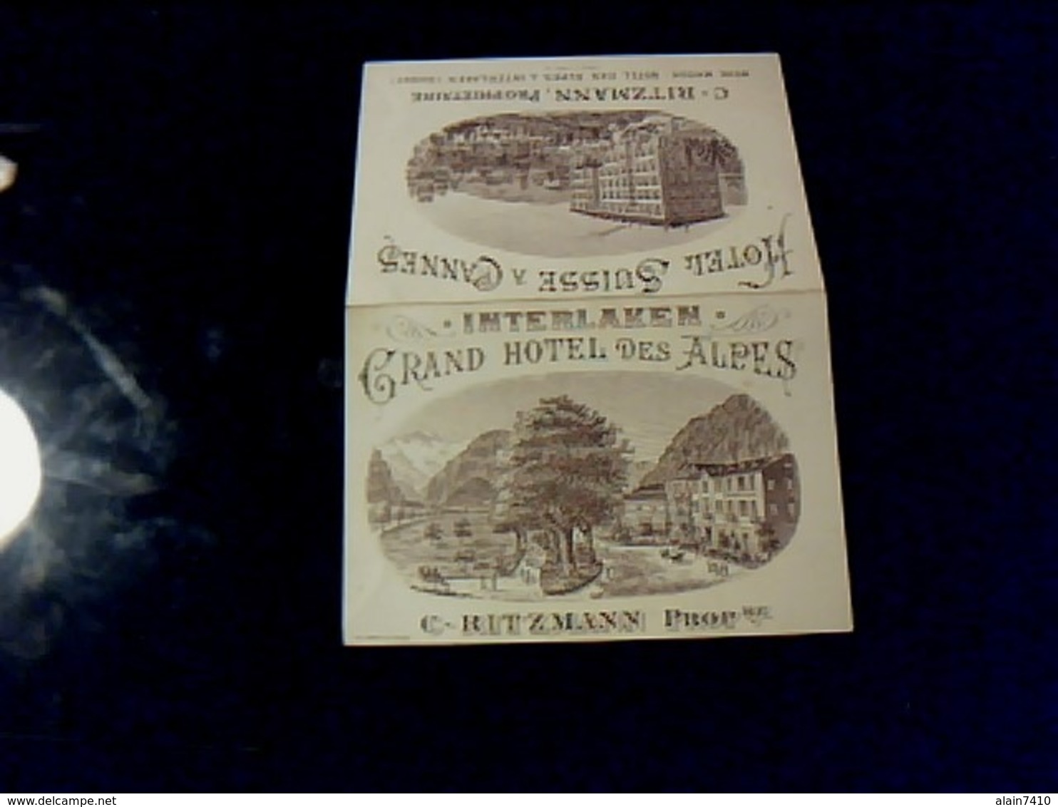 Vieux Papier Carte D Hôtel Double Hôtels Suisse A Cannes & Grand Hôtel Des Alpes C;Ritzmann à Interlaken ( Suisse ) - Tarjetas De Visita