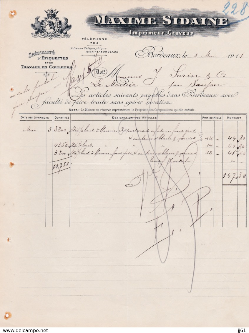 BORDEAUX MAXIME SIDAINE IMPRIMEUR GRAVEUR ETIQUETTES TRAVAUX EN COULEURS ANNEE 1911 - Autres & Non Classés