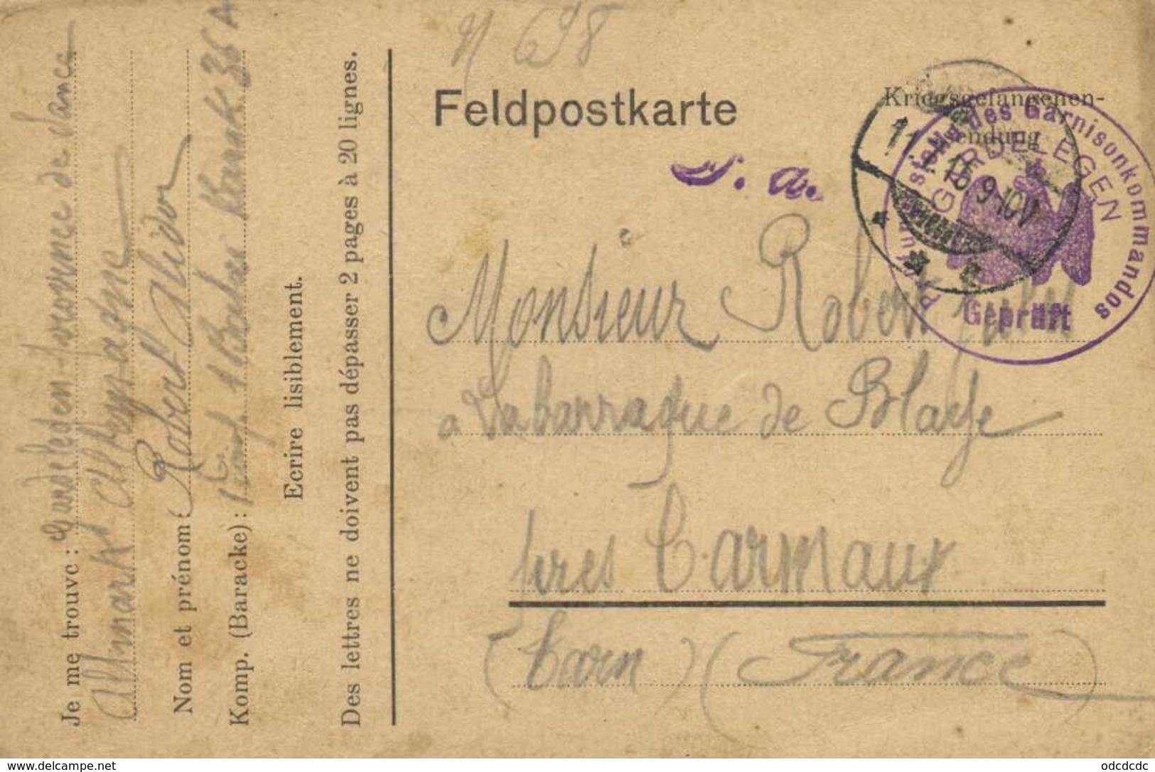 Feldpostkarte De Altmark Barak 36 A Vers La Barraque De Blaye Près Carmaux + Cachets Prisonniers - Autres & Non Classés