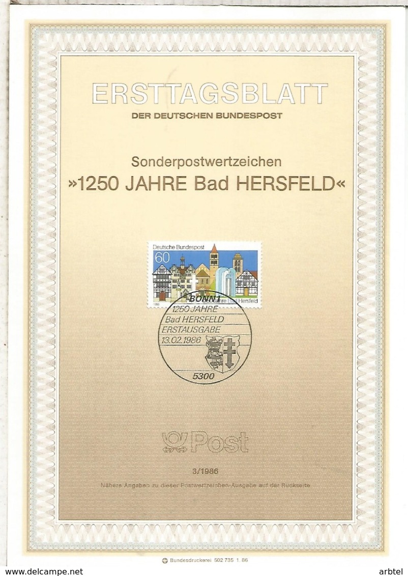 ALEMANIA DOCUMENTO PRIMER DIA FDC BONN 1250 JAHRE BAD HERSFELD - Iglesias Y Catedrales