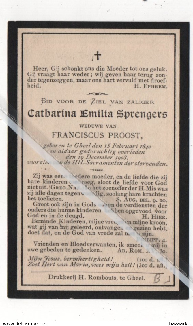 CATHARINA - EMILIA SPRENGERS ° GHEEL 1840 + 1908 / FRANCISCUS PROOST - Images Religieuses