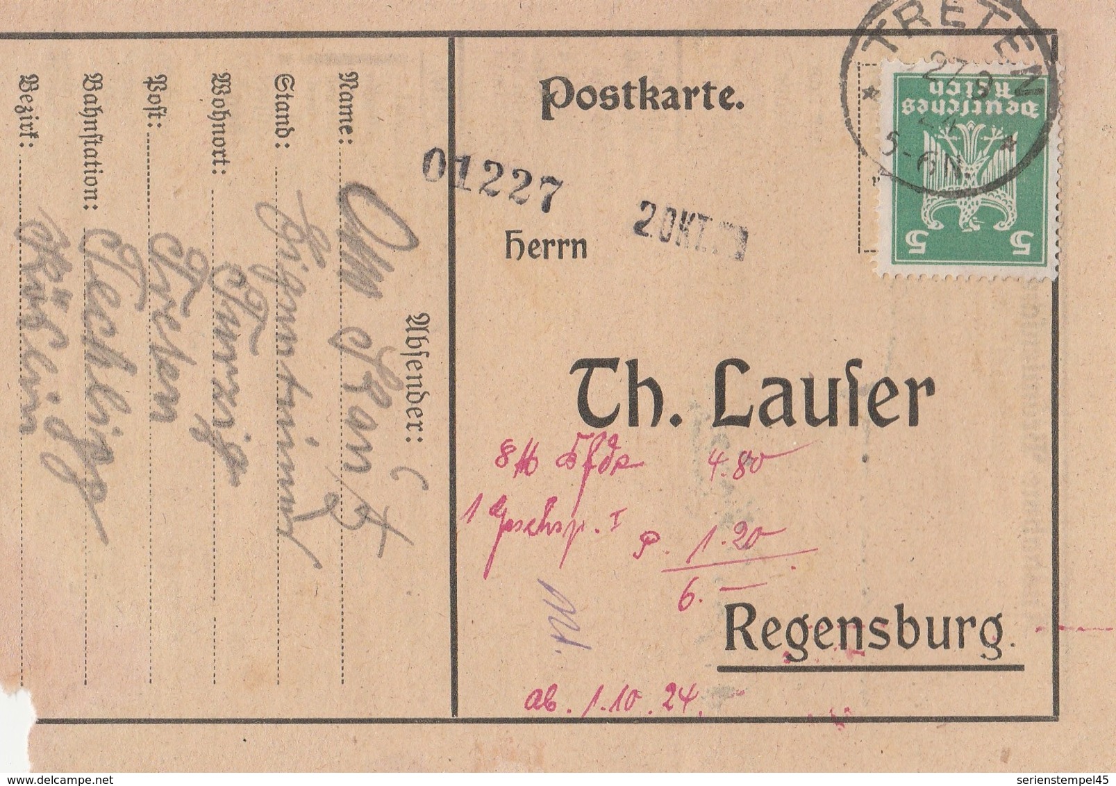 Deutsches Reich Karte Mit Tagesstempel Trten Rummelsburg Pommern 1924 - Briefe U. Dokumente