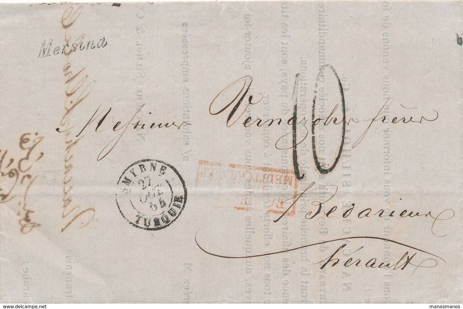 472DT - Bureaux à L' Etranger - Lettre Précurseur TARSOUS 1854 Via Cursive Distribution De MERSINA Et SMYRNE Vers France - Storia Postale