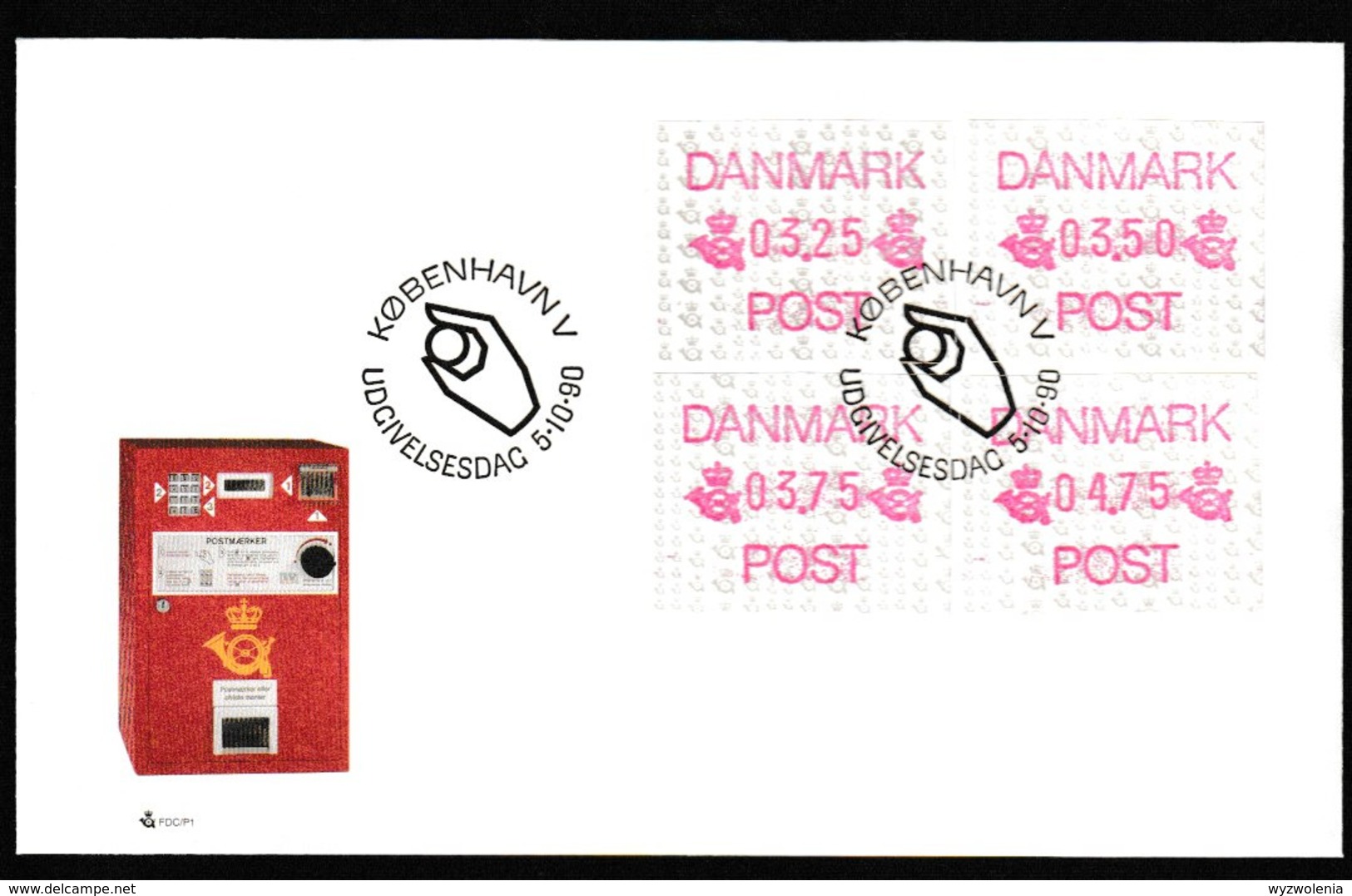 E 82) Dänemark 1990 ATM Automaten-Marken Mi# 1 FDC: Postembleme, ESSt Hand Mit Münze - Storia Postale