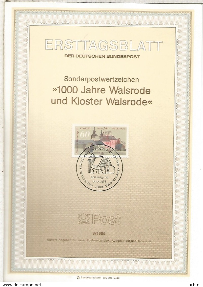 ALEMANIA DOCUMENTO PRIMER DIA FDC BONN 1000 JAHRE WALSRODE - Otros & Sin Clasificación