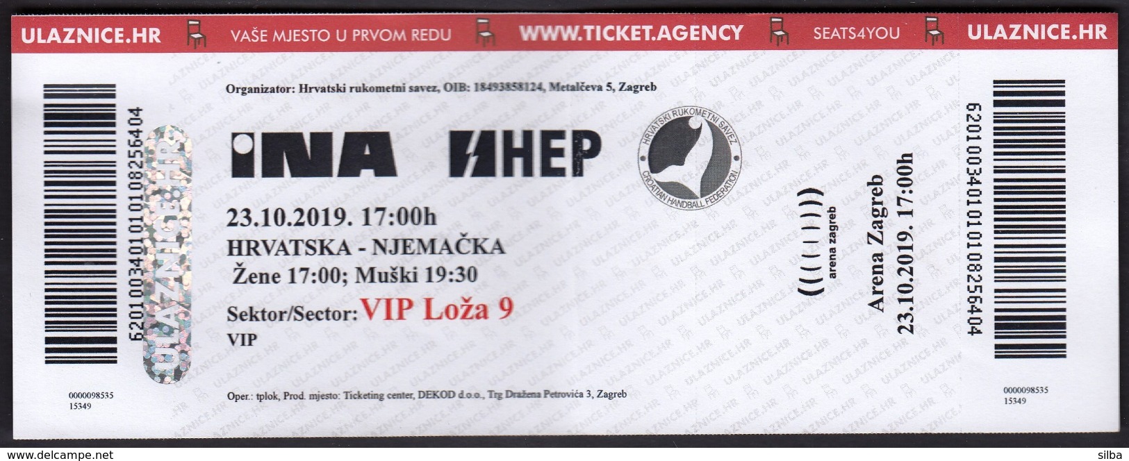 Croatia Zagreb 2019 / Arena / Handball / Croatia - Germany / Entry Ticket - Tickets - Entradas