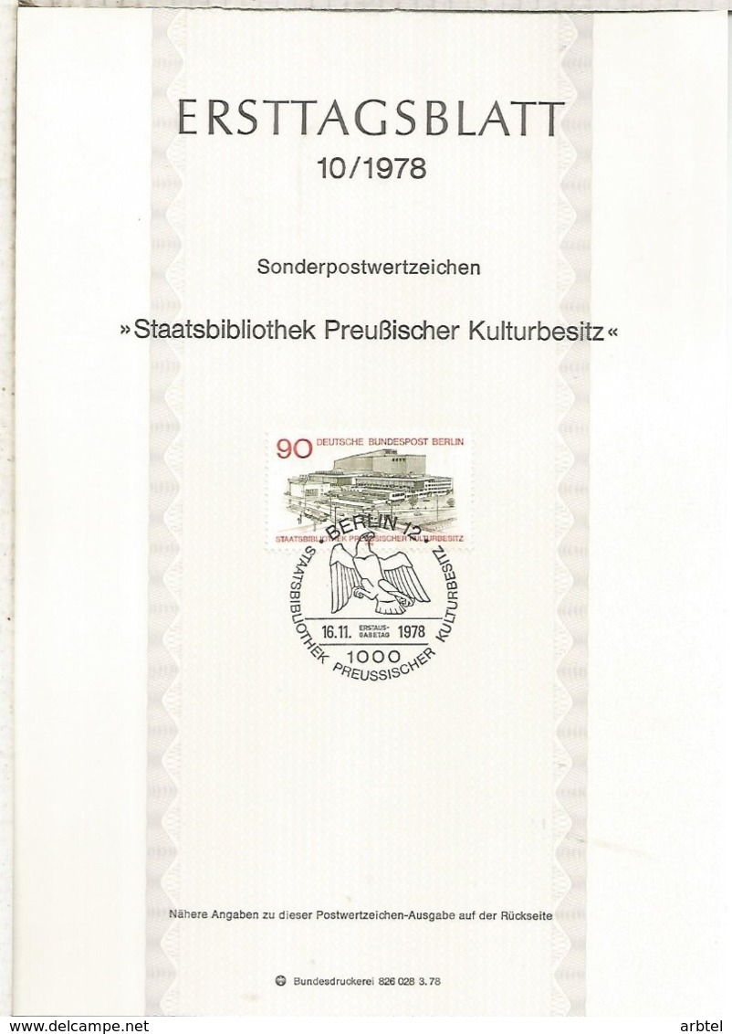 ALEMANIA DOCUMENTO PRIMER DIA FDC BERLIN BIBLIOTECA ESTATAL LIBRARY - Otros & Sin Clasificación