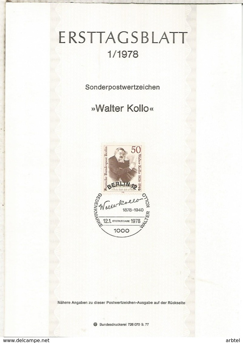 ALEMANIA DOCUMENTO PRIMER DIA FDC BERLIN WALTER KOLLO MUSICA OPERA - Música